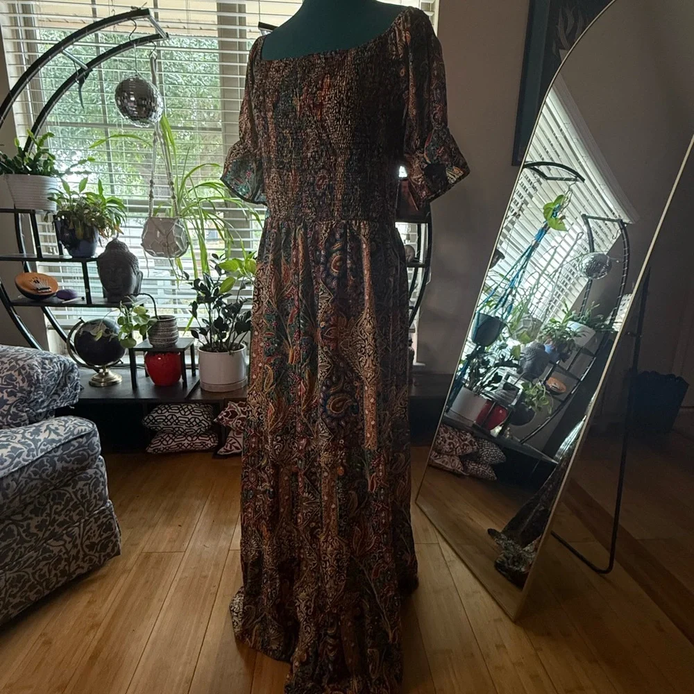 Boho Smocked Paisley Maxi Dress XL - Picture 2 of 8